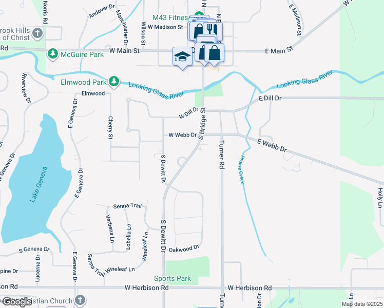 map of restaurants, bars, coffee shops, grocery stores, and more near 840 South Bridge Street in DeWitt