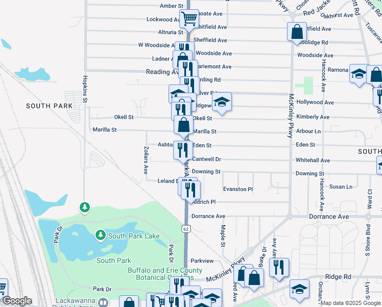 map of restaurants, bars, coffee shops, grocery stores, and more near 2302 South Park Avenue in Buffalo
