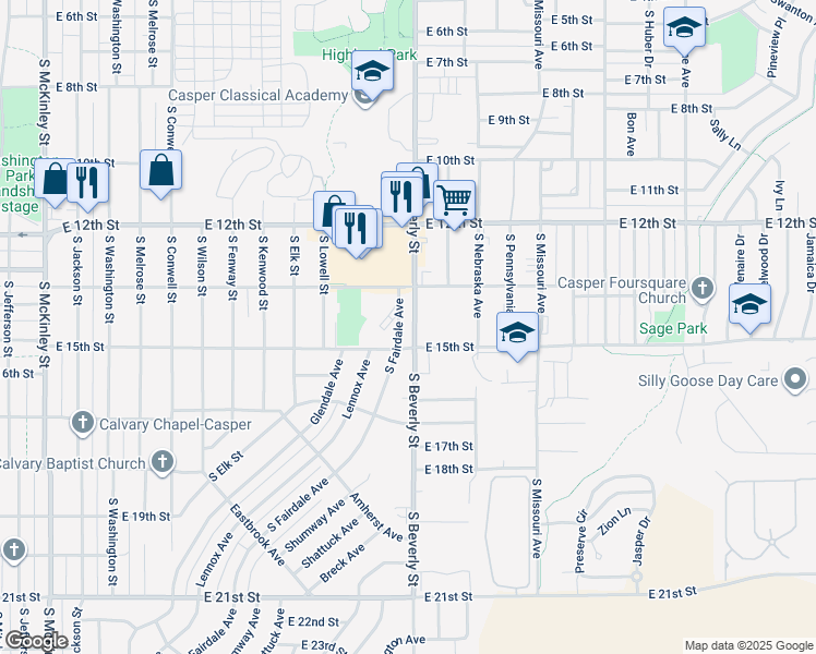 map of restaurants, bars, coffee shops, grocery stores, and more near 1437 South Fairdale Avenue in Casper