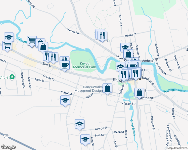 map of restaurants, bars, coffee shops, grocery stores, and more near 62 Elm Street in Milford