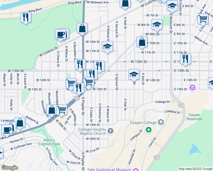 map of restaurants, bars, coffee shops, grocery stores, and more near 701-799 W 15th St in Casper