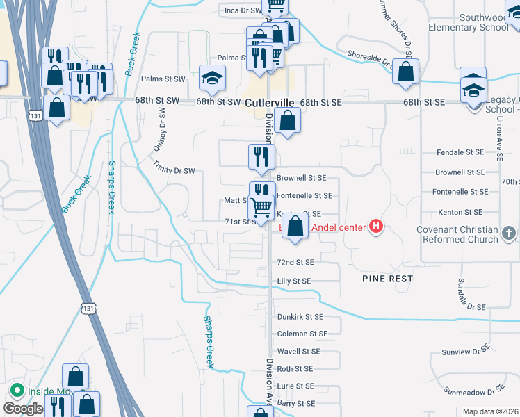 map of restaurants, bars, coffee shops, grocery stores, and more near 7100 Division Avenue South in Grandville