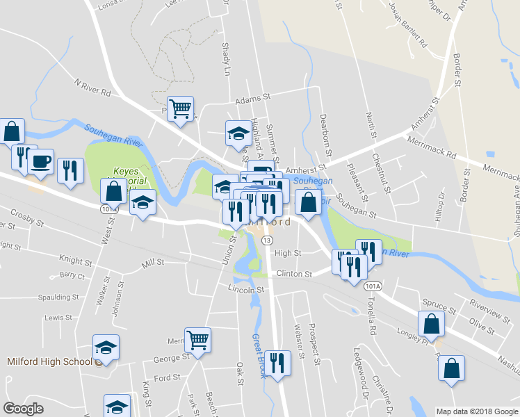 map of restaurants, bars, coffee shops, grocery stores, and more near 100 Union Square in Milford