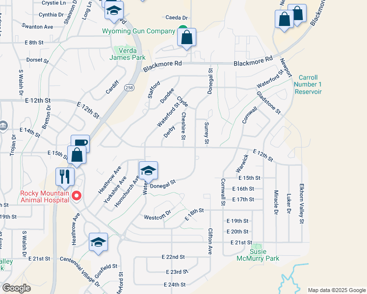 map of restaurants, bars, coffee shops, grocery stores, and more near 1199 Cheshire Street in Casper