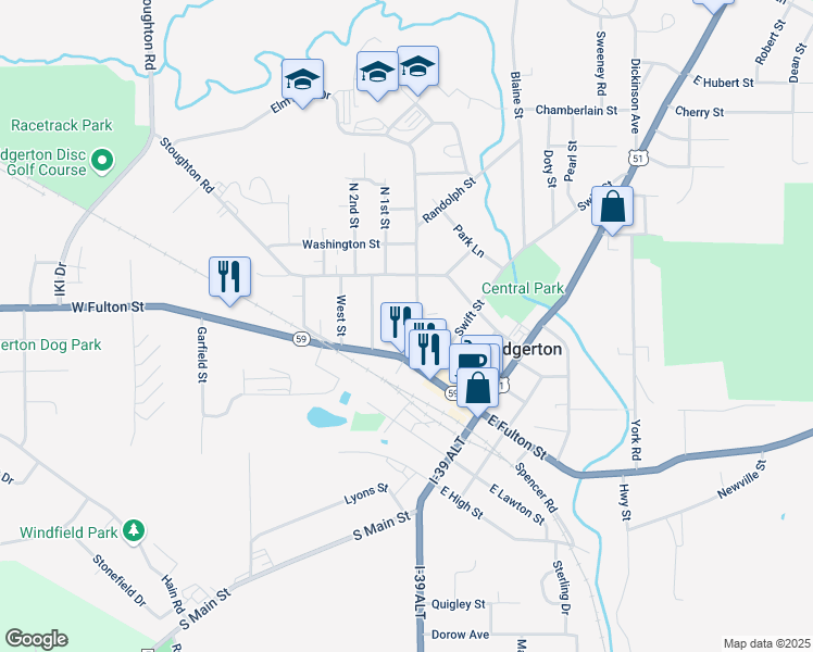 map of restaurants, bars, coffee shops, grocery stores, and more near 312 West Fulton Street in Edgerton