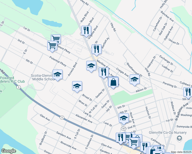 map of restaurants, bars, coffee shops, grocery stores, and more near 1 Tartan Way in Schenectady