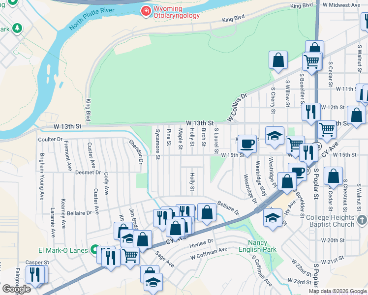 map of restaurants, bars, coffee shops, grocery stores, and more near 1835 West 15th Street in Casper