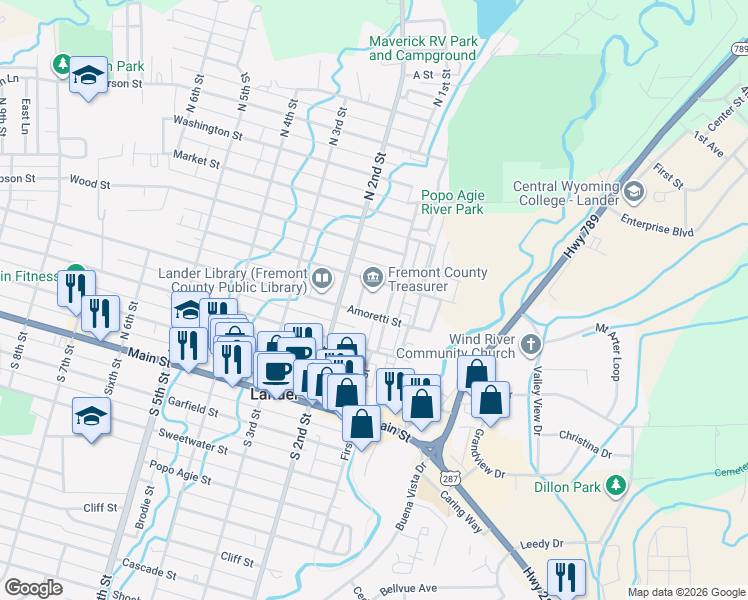 map of restaurants, bars, coffee shops, grocery stores, and more near 450 North 2nd Street in Lander