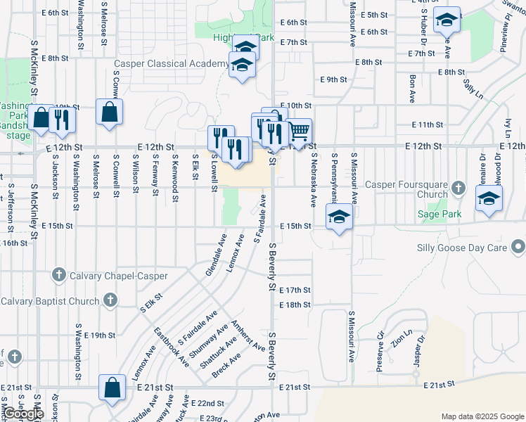 map of restaurants, bars, coffee shops, grocery stores, and more near 1435 South Fairdale Avenue in Casper