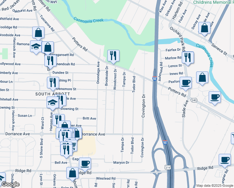 map of restaurants, bars, coffee shops, grocery stores, and more near 112 Woodcrest Drive in Buffalo