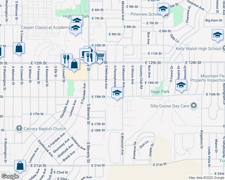 map of restaurants, bars, coffee shops, grocery stores, and more near 2440 East 15th Street in Casper