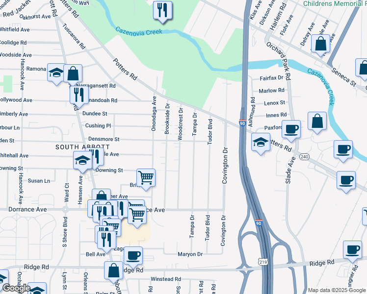 map of restaurants, bars, coffee shops, grocery stores, and more near 112 Woodcrest Drive in Buffalo