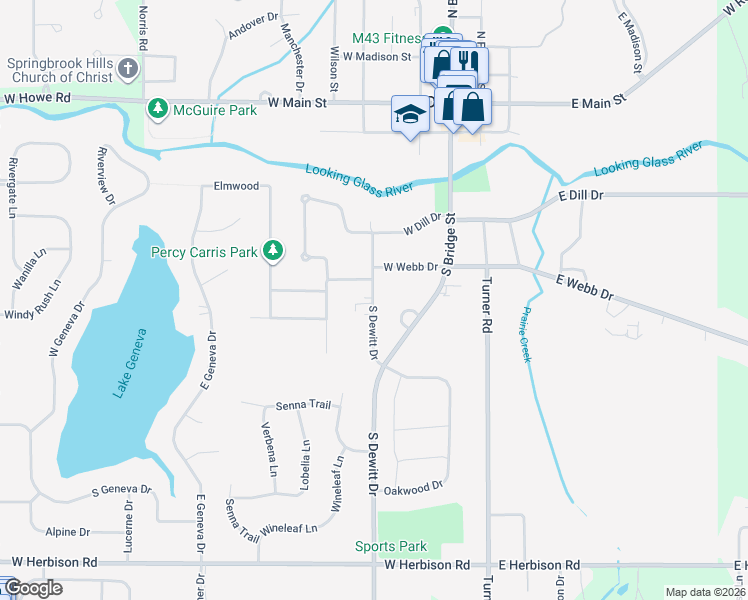 map of restaurants, bars, coffee shops, grocery stores, and more near 816 South Dewitt Drive in DeWitt