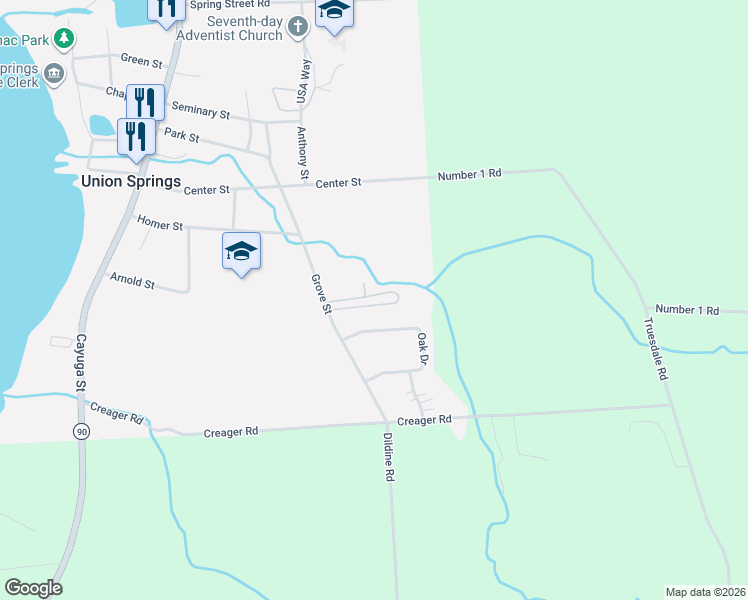 map of restaurants, bars, coffee shops, grocery stores, and more near 13 South Drive in Union Springs