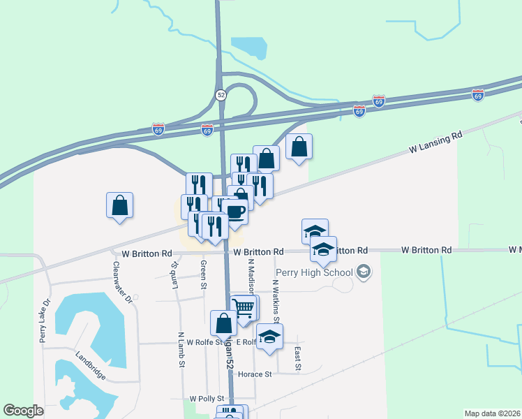 map of restaurants, bars, coffee shops, grocery stores, and more near 2889 W Lansing Rd in Perry