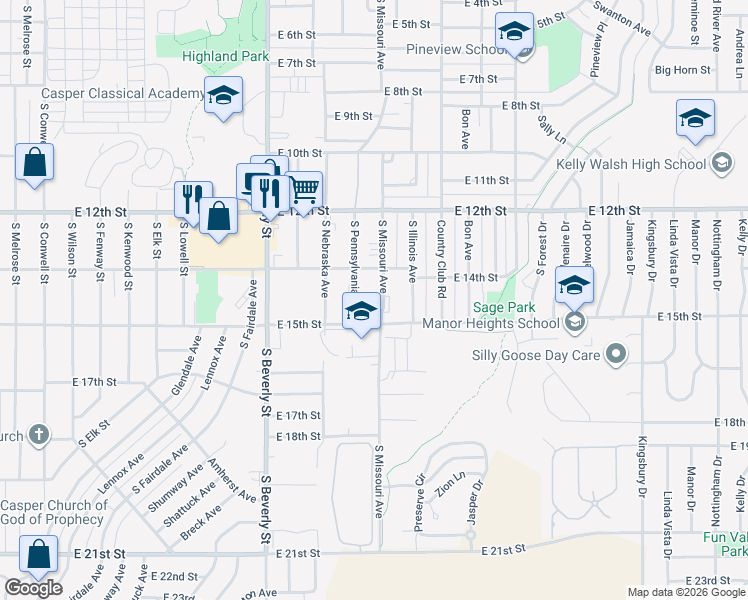 map of restaurants, bars, coffee shops, grocery stores, and more near 1491 South Missouri Avenue in Casper