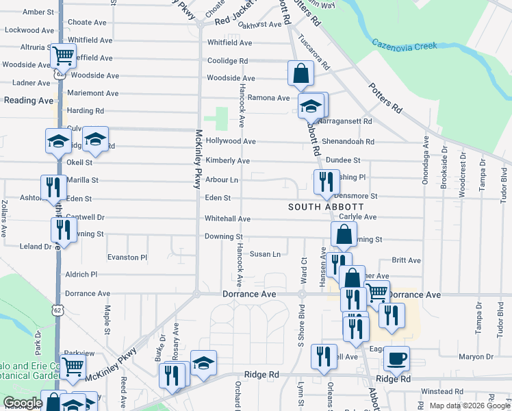 map of restaurants, bars, coffee shops, grocery stores, and more near 90 Whitehall Avenue in Buffalo
