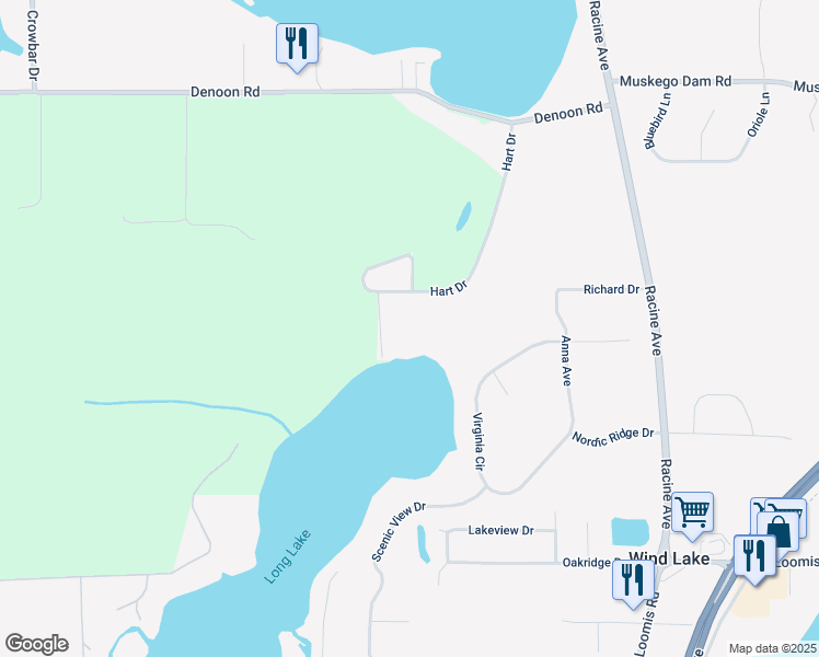 map of restaurants, bars, coffee shops, grocery stores, and more near 27001 Hart Drive in Wind Lake