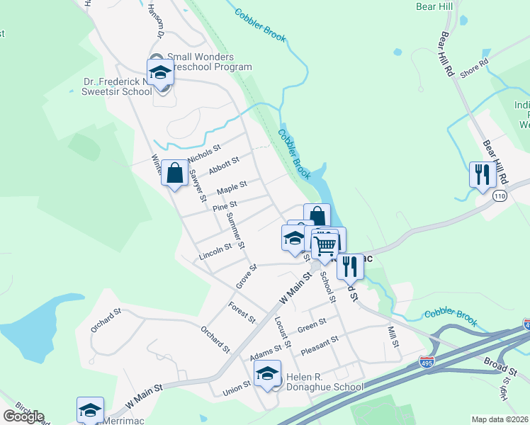map of restaurants, bars, coffee shops, grocery stores, and more near 4 Prospect Street in Merrimac