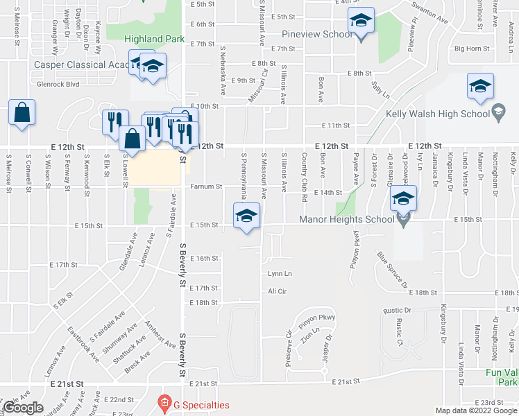 map of restaurants, bars, coffee shops, grocery stores, and more near 1456 South Missouri Avenue in Casper
