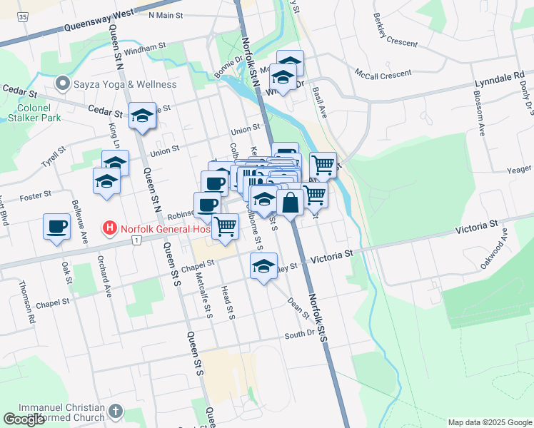 map of restaurants, bars, coffee shops, grocery stores, and more near 46 Peel Street in Simcoe