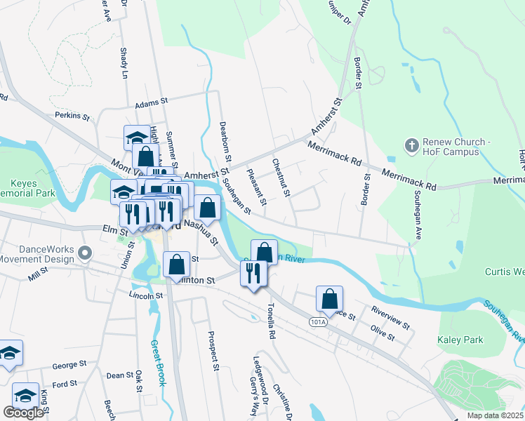 map of restaurants, bars, coffee shops, grocery stores, and more near 45 Souhegan Street in Milford