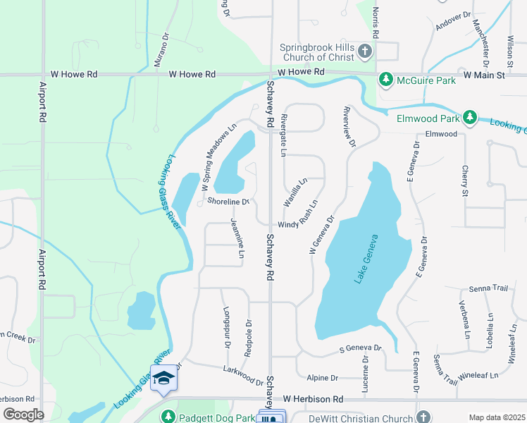 map of restaurants, bars, coffee shops, grocery stores, and more near 702 Windy Rush Lane in DeWitt