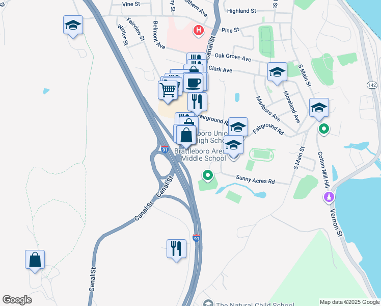map of restaurants, bars, coffee shops, grocery stores, and more near 580 Canal Street in Brattleboro