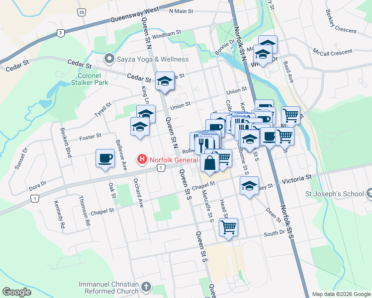 map of restaurants, bars, coffee shops, grocery stores, and more near 185 Robinson Street in Simcoe