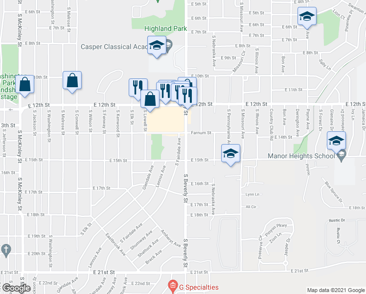 map of restaurants, bars, coffee shops, grocery stores, and more near 1425 South Fairdale Avenue in Casper