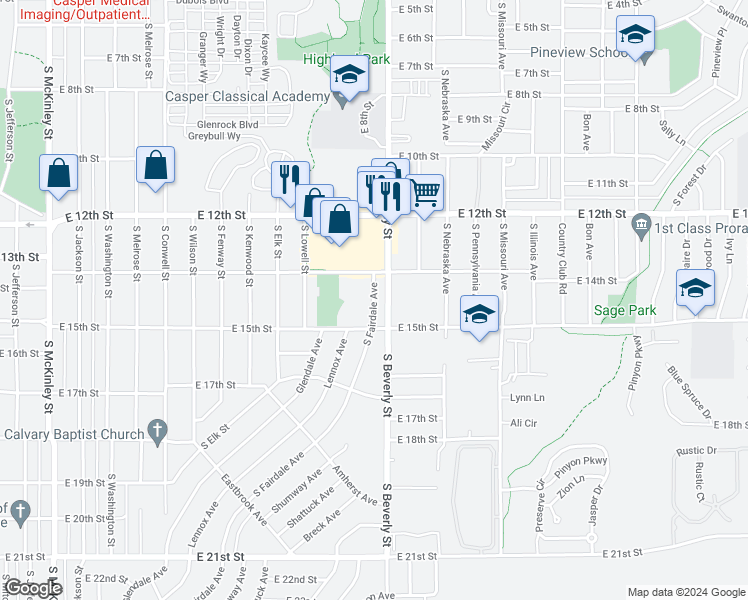 map of restaurants, bars, coffee shops, grocery stores, and more near 1427 South Fairdale Avenue in Casper