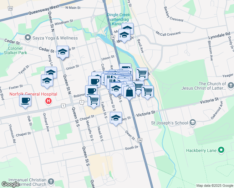 map of restaurants, bars, coffee shops, grocery stores, and more near 46 Peel Street in Simcoe