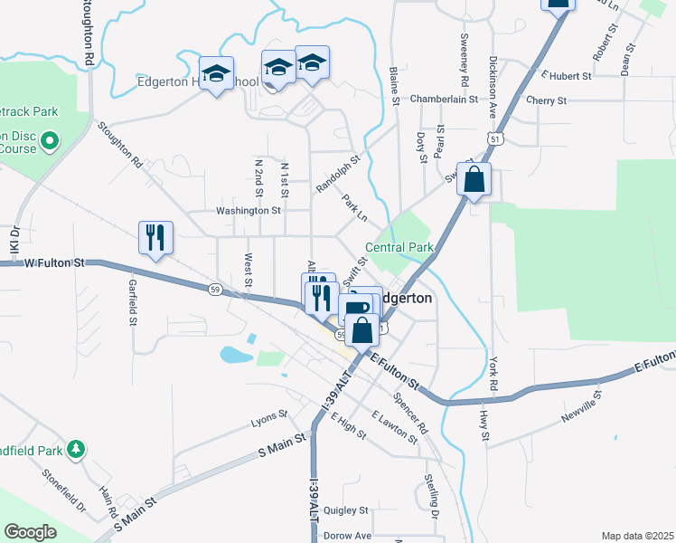 map of restaurants, bars, coffee shops, grocery stores, and more near 116 Swift Street in Edgerton