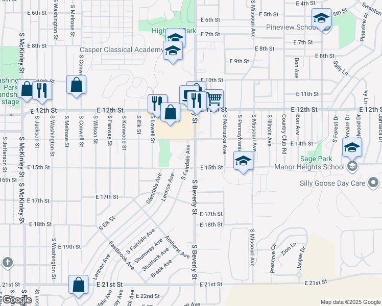 map of restaurants, bars, coffee shops, grocery stores, and more near 1531 South Beverly Street in Casper