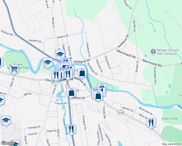 map of restaurants, bars, coffee shops, grocery stores, and more near 29 Souhegan Street in Milford