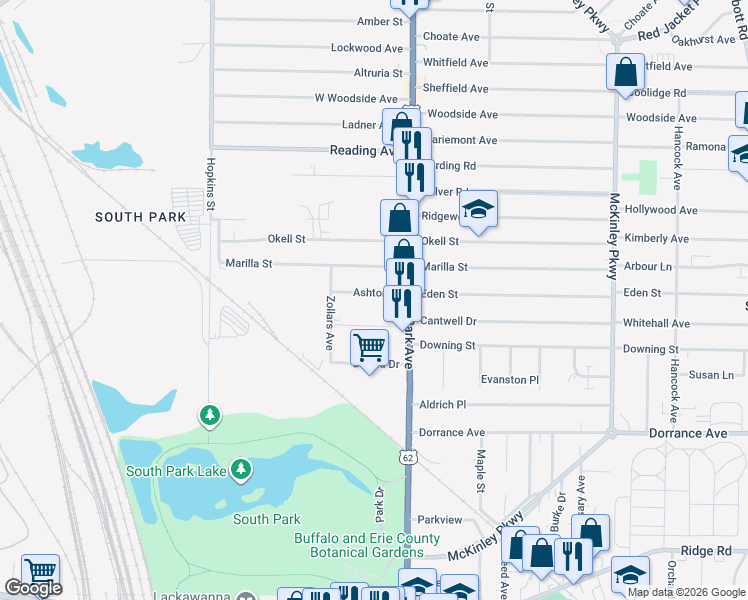 map of restaurants, bars, coffee shops, grocery stores, and more near 2317 South Park Avenue in Buffalo