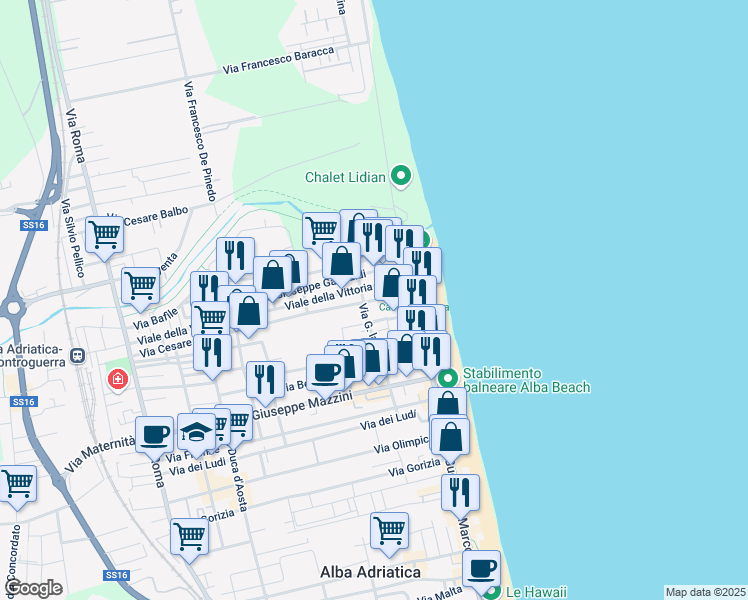 map of restaurants, bars, coffee shops, grocery stores, and more near 182 Via Battisti in Alba Adriatica