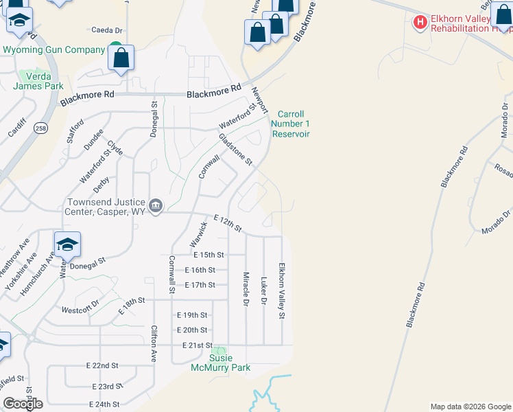 map of restaurants, bars, coffee shops, grocery stores, and more near 5280 East 12th Street in Casper