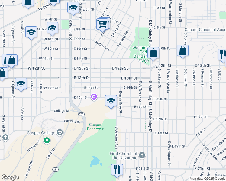 map of restaurants, bars, coffee shops, grocery stores, and more near 632-698 East 15th Street in Casper