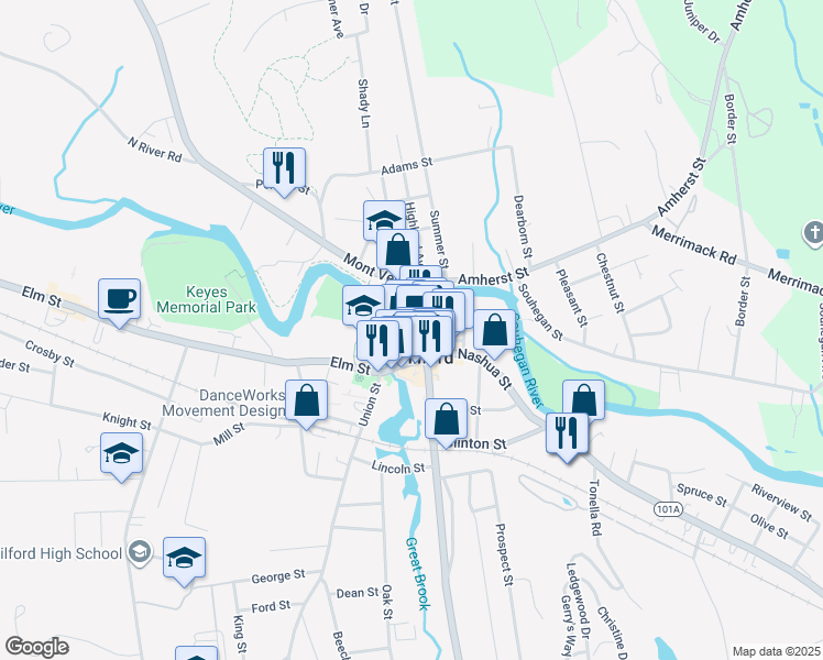 map of restaurants, bars, coffee shops, grocery stores, and more near 12 South Street in Milford