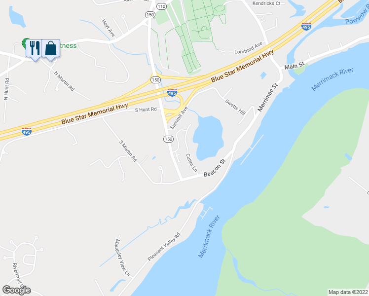 map of restaurants, bars, coffee shops, grocery stores, and more near 24 Pond View Avenue in Amesbury