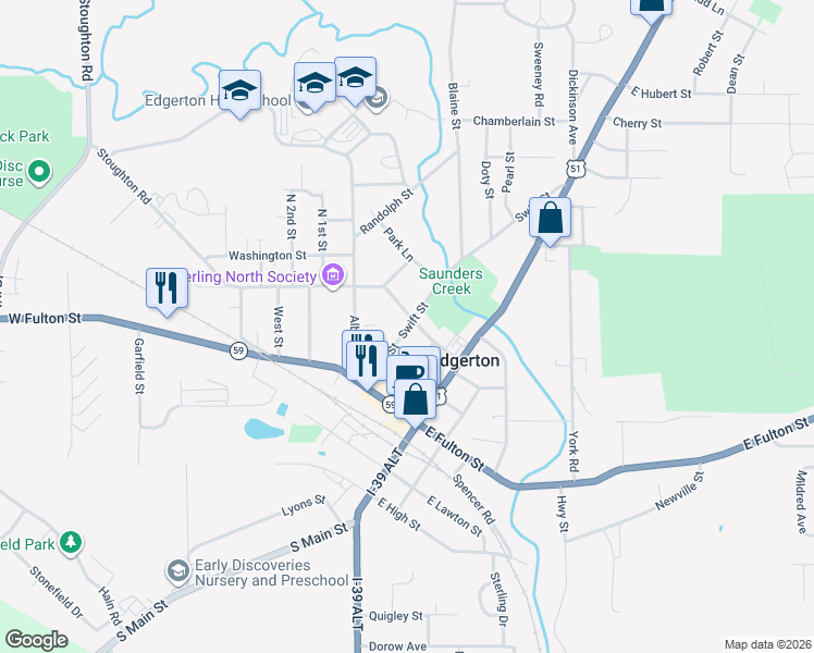 map of restaurants, bars, coffee shops, grocery stores, and more near 116 Swift Street in Edgerton
