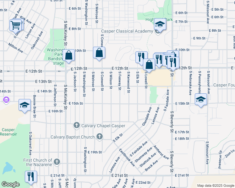 map of restaurants, bars, coffee shops, grocery stores, and more near 1301-1337 South Fenway Street in Casper