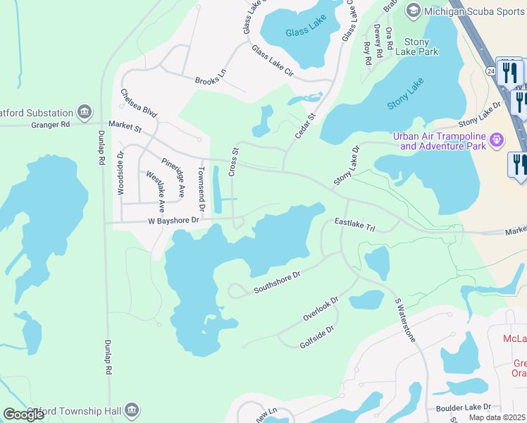 map of restaurants, bars, coffee shops, grocery stores, and more near 631 West Bayshore Drive in Oakland County