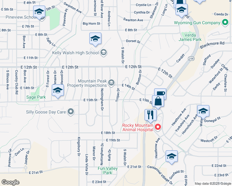 map of restaurants, bars, coffee shops, grocery stores, and more near 1456 Trojan Drive in Casper