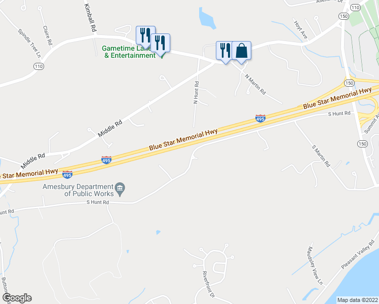 map of restaurants, bars, coffee shops, grocery stores, and more near 19 South Hunt Road in Amesbury