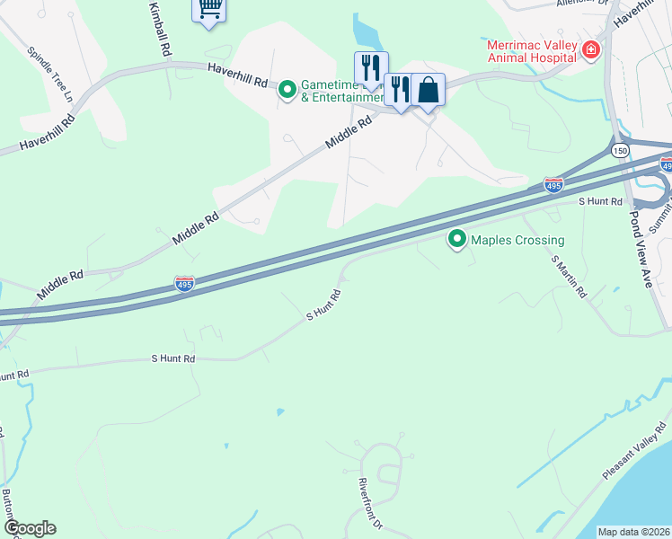 map of restaurants, bars, coffee shops, grocery stores, and more near 19 South Hunt Road in Amesbury