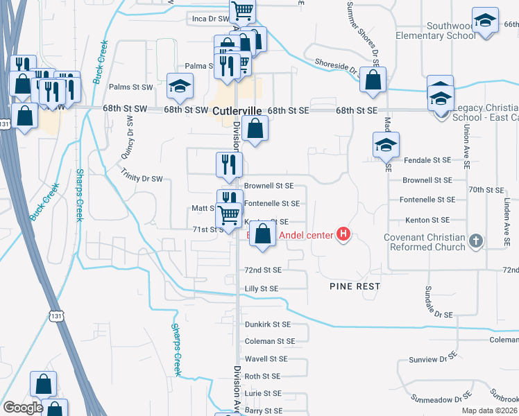 map of restaurants, bars, coffee shops, grocery stores, and more near 64 Brownell Street Southeast in Grand Rapids