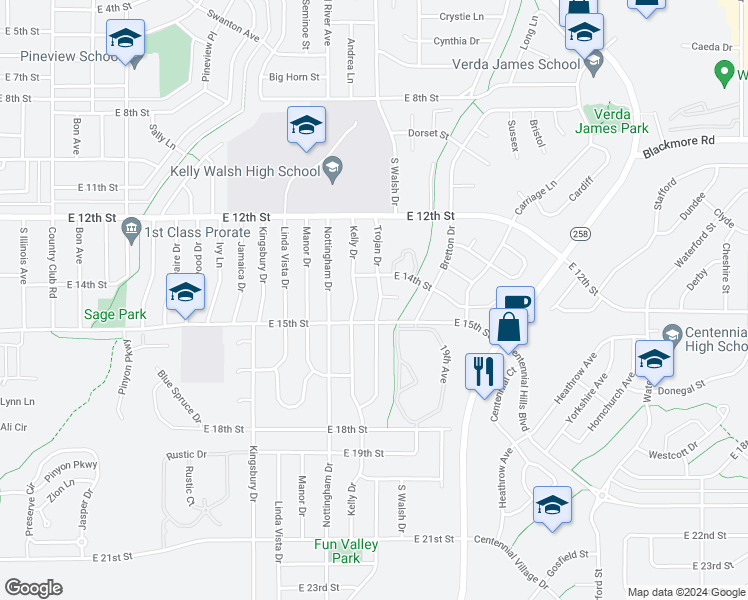 map of restaurants, bars, coffee shops, grocery stores, and more near 1400-1456 Trojan Dr in Casper