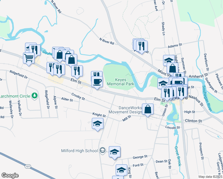 map of restaurants, bars, coffee shops, grocery stores, and more near 95 Elm Street in Milford